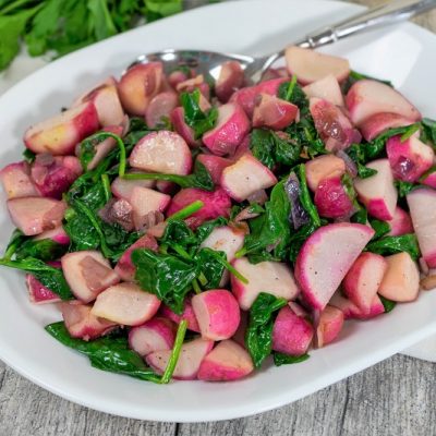 Zesty Radish & Spinach Sauté in White Serving Dish | Vitacost.com/Blog