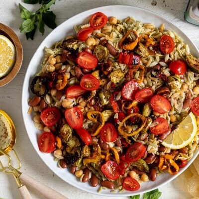 Homemade Lemon Orzo Salad with Beans and Roasted Veggies in White Serving Bowl on Table | Vitacost.com/Blog