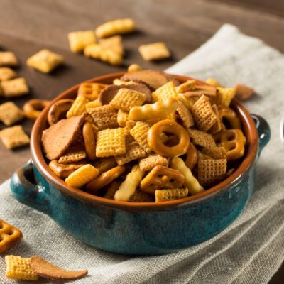 Gluten Free Snack Mix With Cheddar Almond Flour Crackers & Chili-Maple Pecans in Bowl on Linen Napkin | Vitacost.com/Blog