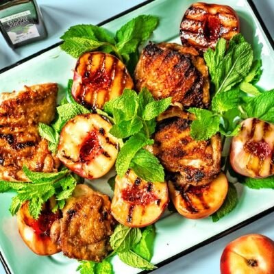 Grilled Balsamic Chicken & Glazed Peaches on Enamel Platter With Mint Leaves | Vitacost.com/Blog