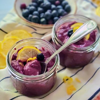 Blueberry Kefir Mousse in Glass Jars Garnished with Lemon | Vitacost.com/Blog