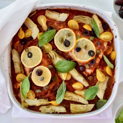 Tomato & Artichoke Baked Cod Fillets in White Baking Dish with Basil, Olives and Lemon Slices | Vitacost.com/blog