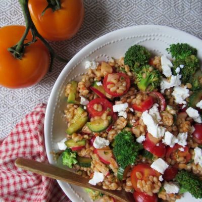 Barley Salad with Broccoli, Tomatoes and Feta Cheese in Serving Bowl on Picnic Blanket | Vitacost.com/Blog