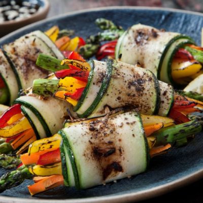 Grilled Veggie Zucchini Roll-Ups with Asparagus & Peppers on Stoneware Platter | Vitacost.com/Blog