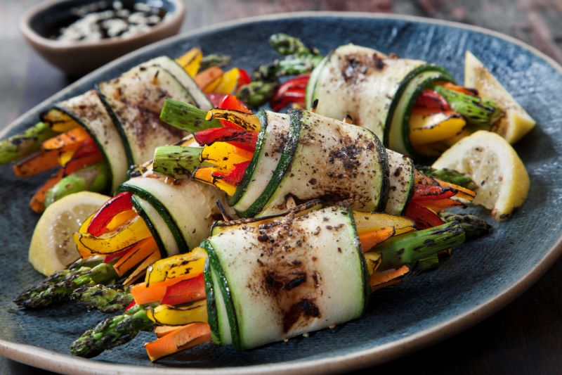 Grilled Veggie Zucchini Roll-Ups with Asparagus & Peppers on Stoneware Platter | Vitacost.com/Blog