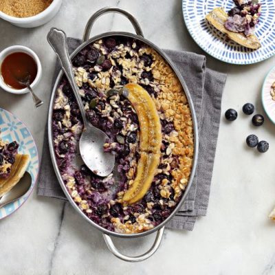 Blueberry Baked Oatmeal with Pumpkin Seeds & Caramelized Banana