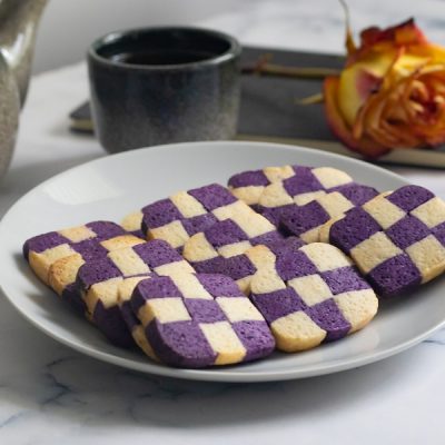 Homemade Vanilla and Ube Purple and White Checkerboard Cookies on Plate