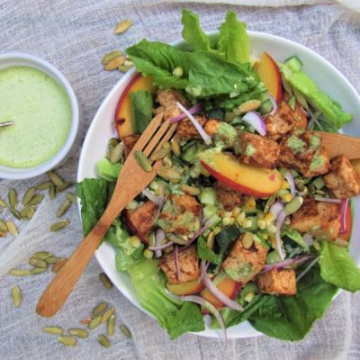 Summer Salad With Chipotle Tofu, Peaches & Corn in Family-Style Bowl with Cilantro-Lime Dressing