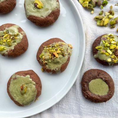 Chocolate Thumbprint Cookies With Pistachio Cream on White Platter | Vitacost.com/blog
