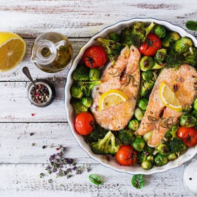 One-Pan Baked Salmon & Veggies in Baking Dish With Lemon & Rosemary