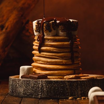 A Stack of Homemade S'mores Pancakes on Platter
