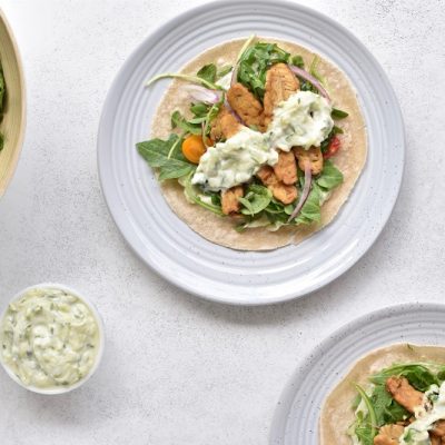 Vegetarian Gyro with Tempeh & Homemade Tzatziki on White Plate