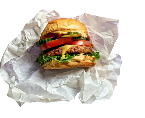 Plant-Based Fast Food Veggie Burger on Wrapper Plant-Based Fast Food Veggie Burger