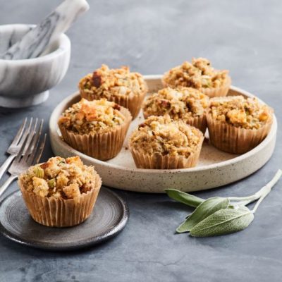 Holiday Stuffing Muffins on Round Plate with Sprig of Sage
