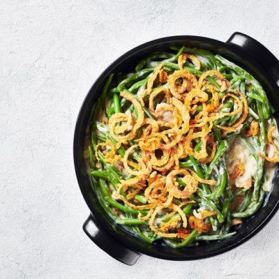 Vegan Green Bean Casserole Recipe in Baking Dish on Counter