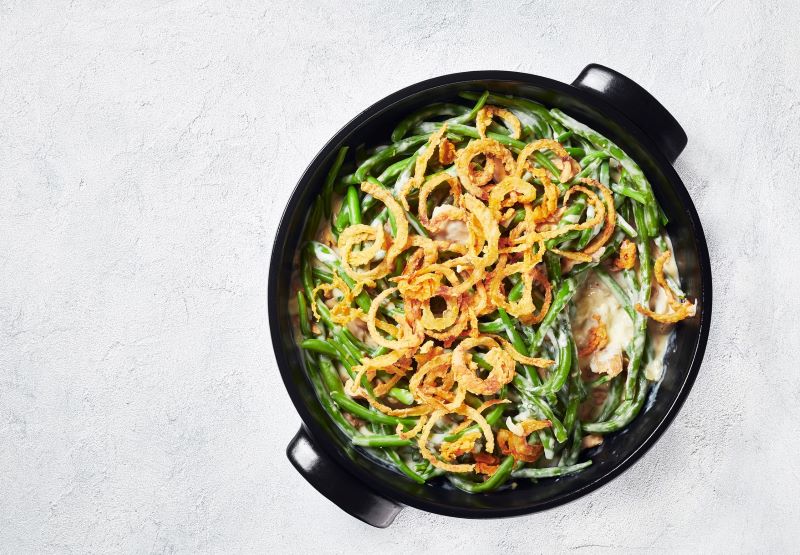 Vegan Green Bean Casserole Recipe in Baking Dish on Counter