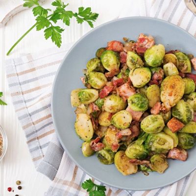 Roasted Brussels Sprouts with Bacon on Round Serving Platter