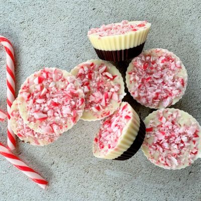 Peppermint Chocolate Cups on Countertop with Candy Canes
