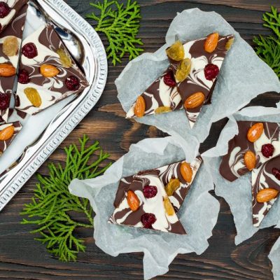 Double Chocolate Bark With Dried Fruit & Nuts on Silver Serving Tray
