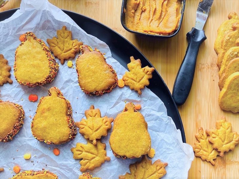 Pumpkin Shortbread Sandwich Cookies on Platter