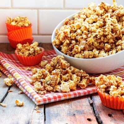 Homemade Caramel Corn in Big Bowl on Counter