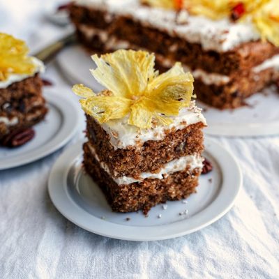 A Square Slice of Hummingbird Cake with Coconut-Lemon Frosting
