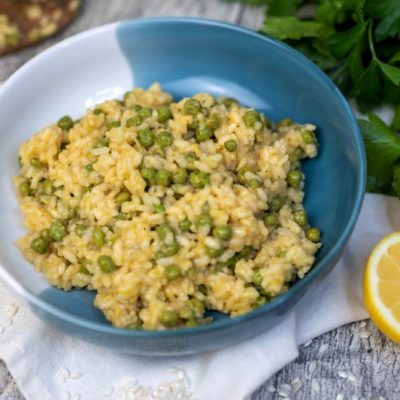Lemon Risotto with Spring Peas in Large Blue Bowl
