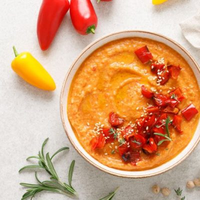 Roasted Red Pepper Hummus in White Bowl