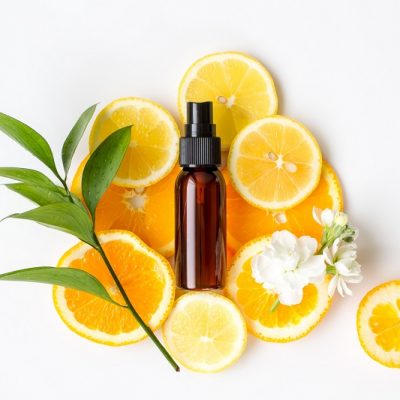 A Small Spray Bottle Lies Over a Beautifully Arranged Group of Orange Slices, Orange Blossoms and Leaves, Representing a DIY Serum With Essential Oils for Scars.