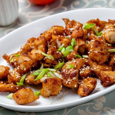 Honey Sesame Chicken with Ginger on Oval Platter