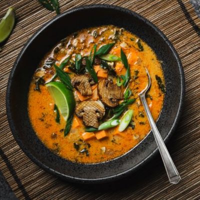 Spicy Peanut Soup with Sweet Potato & Kale