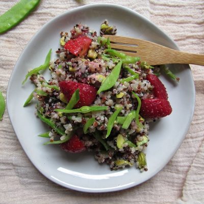 A Plate Shows Strawberry Quinoa Salad With Snow Peas and a Mint Vinaigrette.