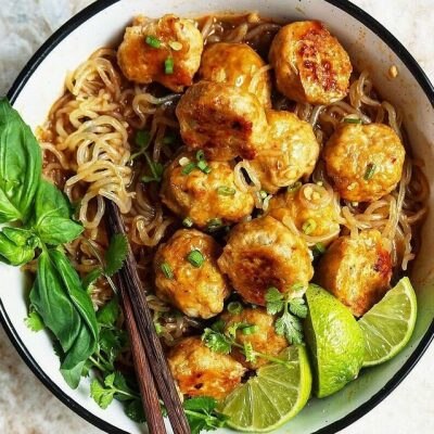 A Bowl is Filled With a Shirataki Noodles Recipe, Including Lemongrass Chicken Meatballs, Lime Wedges and a Garnish of Basil.