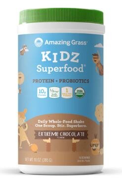 Amazing Grass Kidz Superfood Protein + Probiotics Drink Mix Powder Extreme Chocolate