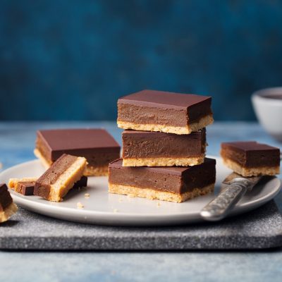 A Plate Holds a Stack of Millionaire Shortbread Slices With a Few Scattered Around the Plate.