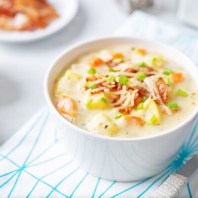 Chunky Chicken Chowder With Vegan Coconut "Bacon" and Vegan Cheese