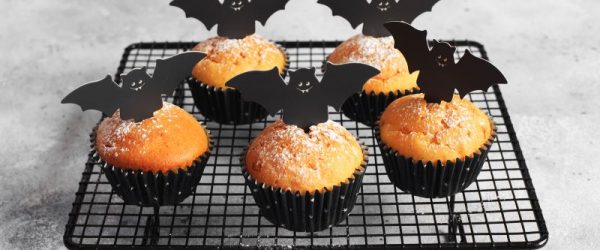 Halloween Chai Muffins_Resize_Pam Higgins Halloween Chai Muffins in Black Paper Cupcake Cups on Black Wire Rack on Grey Background. Spooky and Cute Paper Bats are Flying Up off Toothpicks on Each.