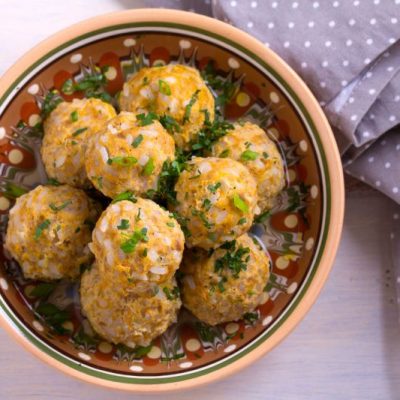Beef Meatballs With Carrot & Rice in Pottery Bowl