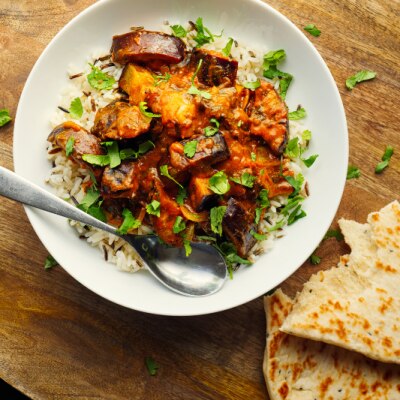 Eggplant Curry With Rice and Naan