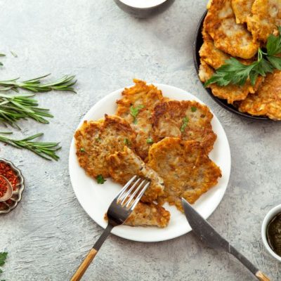 Air Fryer Potato Latkes on Round Plate With Knife & Fork