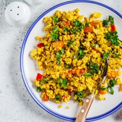 Tofu Breakfast Scramble with Veggies on White Plate
