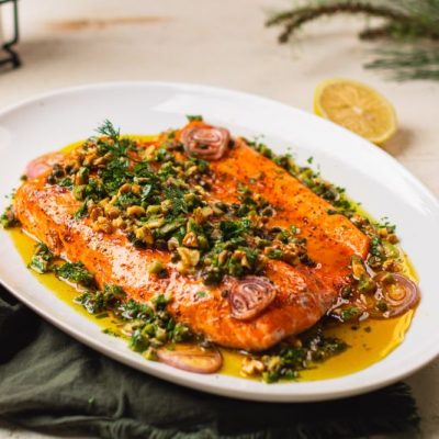 Roasted Salmon with Walnuts & Olive Vinaigrette