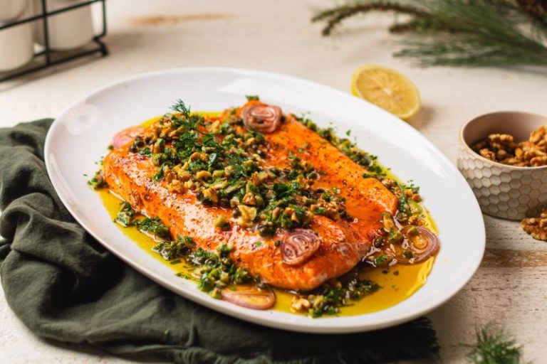 Roasted Salmon with Walnuts & Olive Vinaigrette