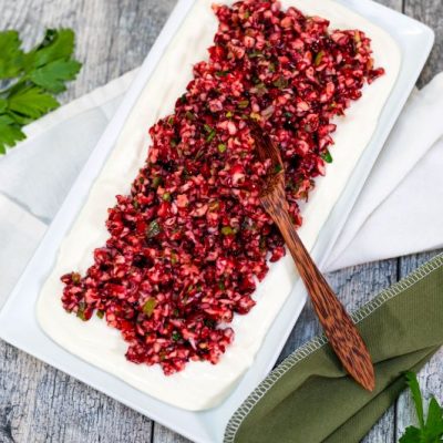 Vegan Cranberry Cream Cheese Dip Spread Out on Long Rectangular Serving Tray