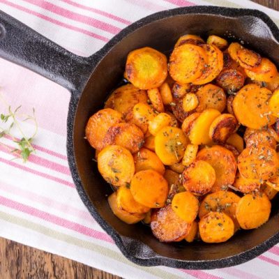 Oven Roasted Carrots in Brown Butter in Cast Iron Skillet