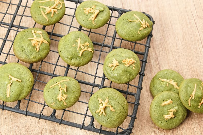 Chewy Matcha Cookies on Cooling Rack