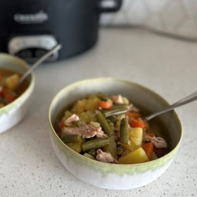 Simple Slow Cooker Chicken Stew in Bowl with Green Beans, Carrots & Potatoes