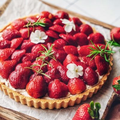 Lemon Cream & Strawberry Tart on Wooden Cutting Board