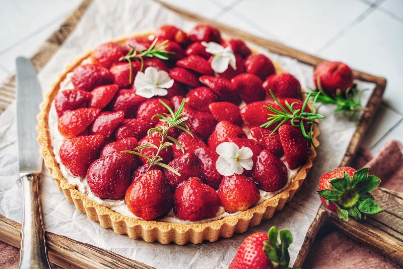 Lemon Cream & Strawberry Tart on Wooden Cutting Board