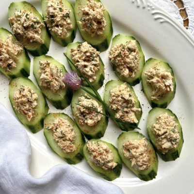 Crab Meat Salad & Cucumber Bites on Serving Platter On Top of Vintage Lace Tablecloth